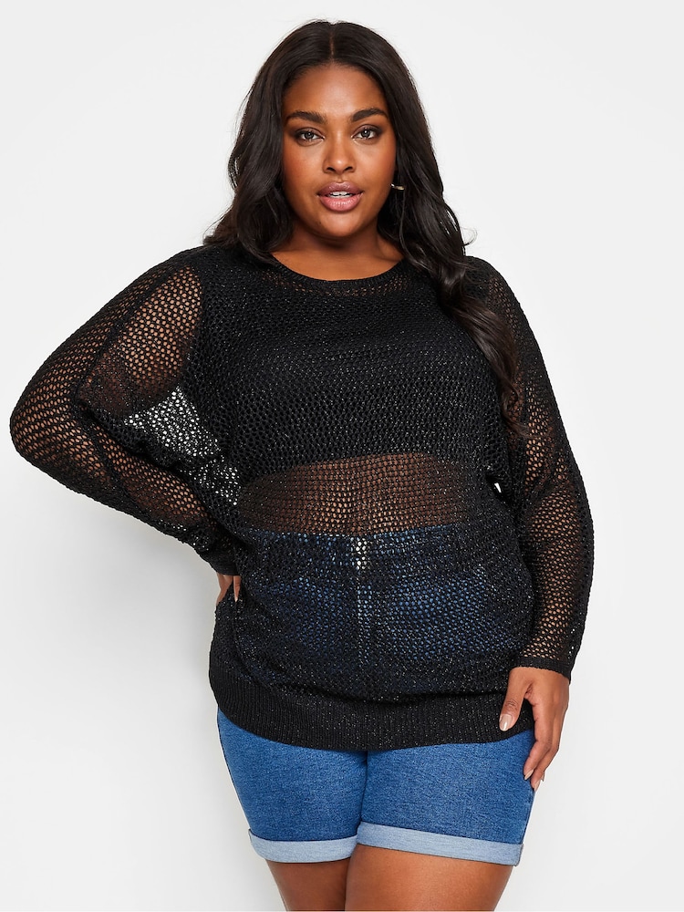 Yours Curve Black Metallic Crochet Jumper - Image 2 of 5 Yours Curve Black Metallic Crochet Jumper - Image 2 of 5