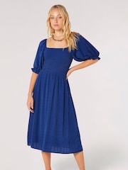 Apricot Blue Self-Check Smocked Milkmaid Midi Dress - Image 1 of 4