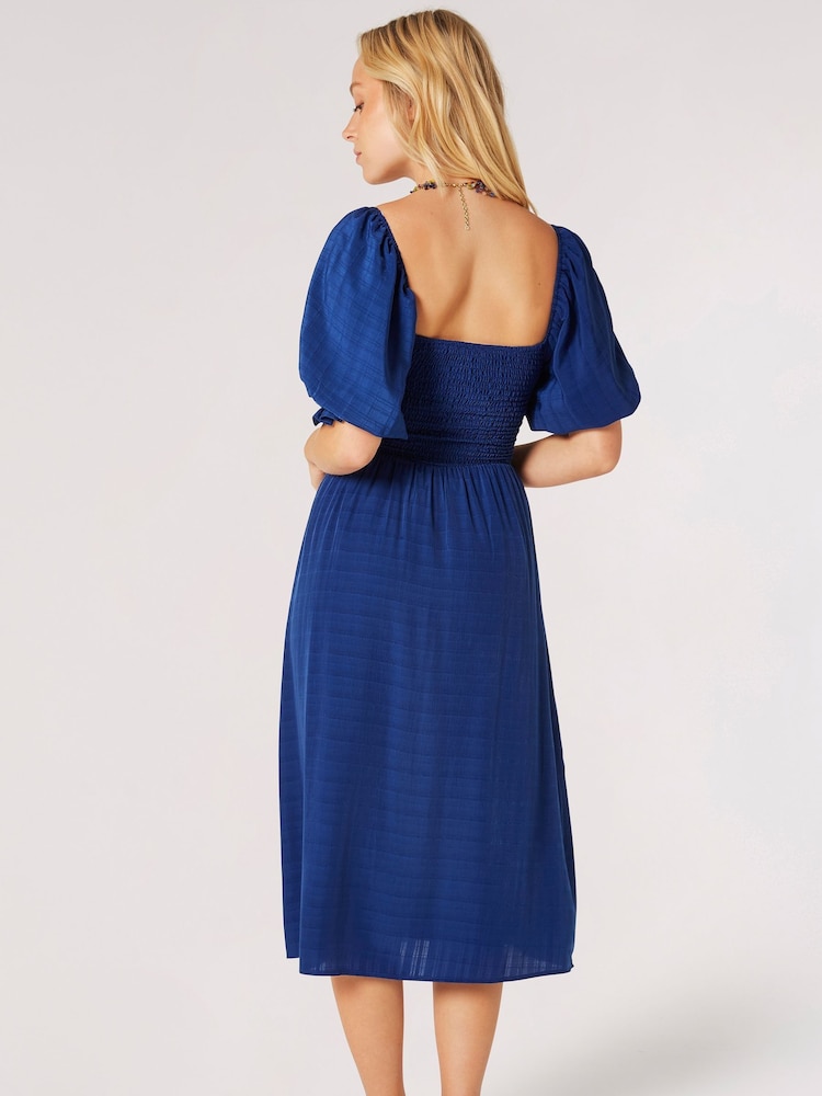 Apricot Blue Self-Check Smocked Milkmaid Midi Dress - Image 2 of 4