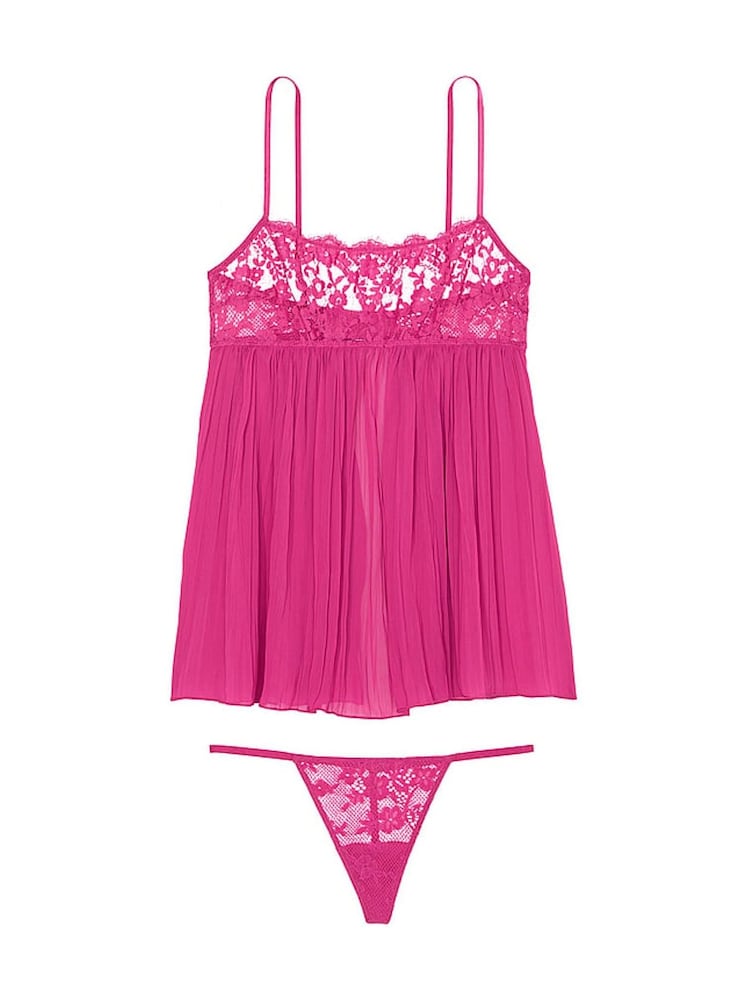 Victoria's Secret Luscious Rose Pink Lace Top Pleated Babydoll Set - Image 3 of 3 Victoria's Secret Luscious Rose Pink Lace Top Pleated Babydoll Set - Image 3 of 3