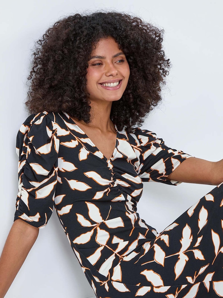 Dusk Black Ditsy Leaf Ruched Puff Sleeve Dress - Image 4 of 5