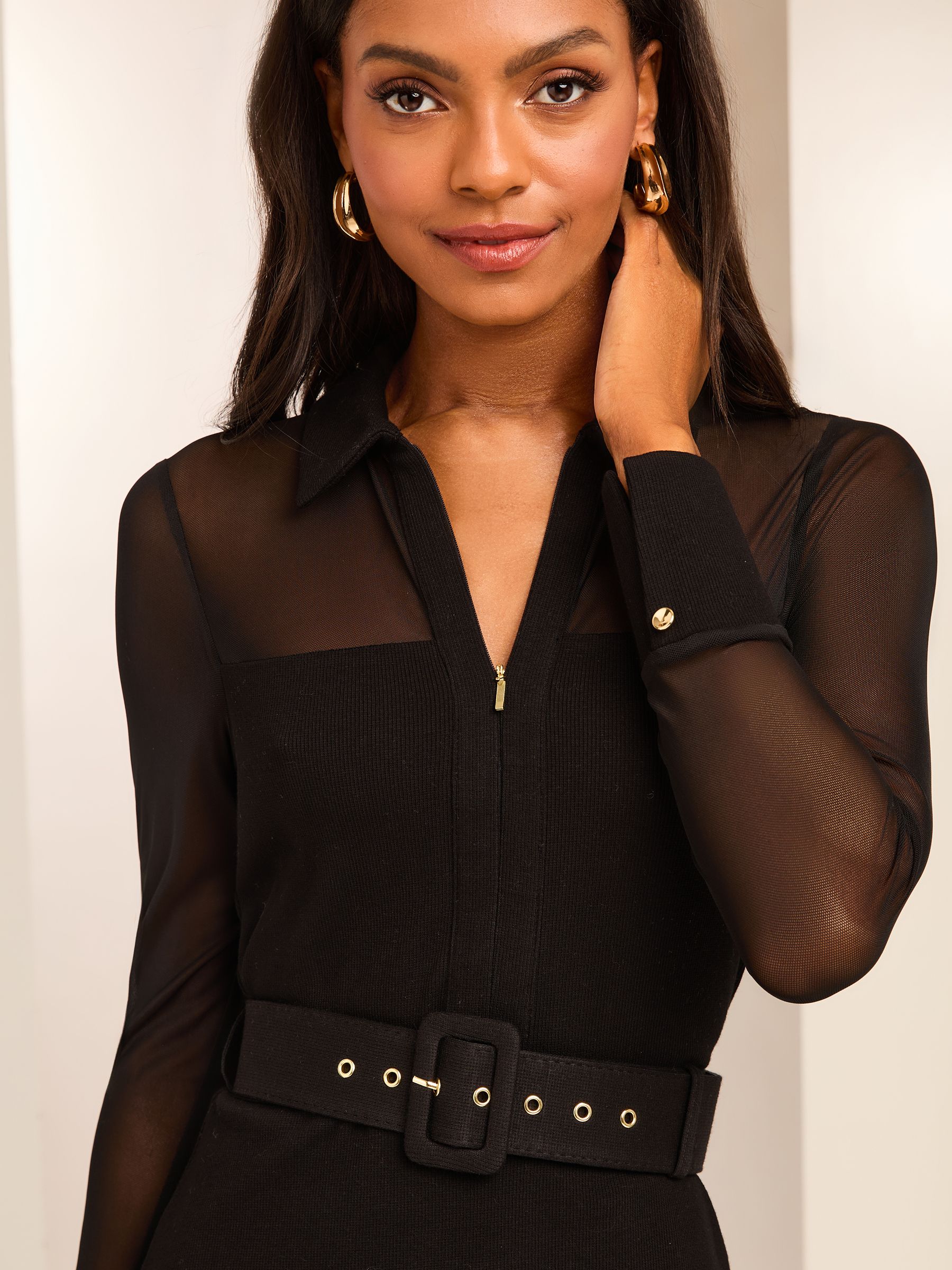 Buy Lipsy Black Long Sleeve Hybrid Mesh Belted Shirt Dress from Next Luxembourg