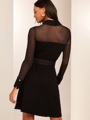Lipsy Black Long Sleeve Hybrid Mesh Belted Shirt Dress - Image 4 of 4