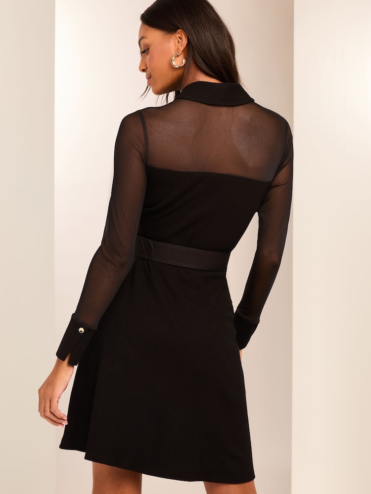 Lipsy Black Long Sleeve Hybrid Mesh Belted Shirt Dress - Image 4 of 4