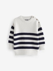 Navy/White Textured Stripe Crew Neck 100% Cotton Jumper - Image 1 of 3