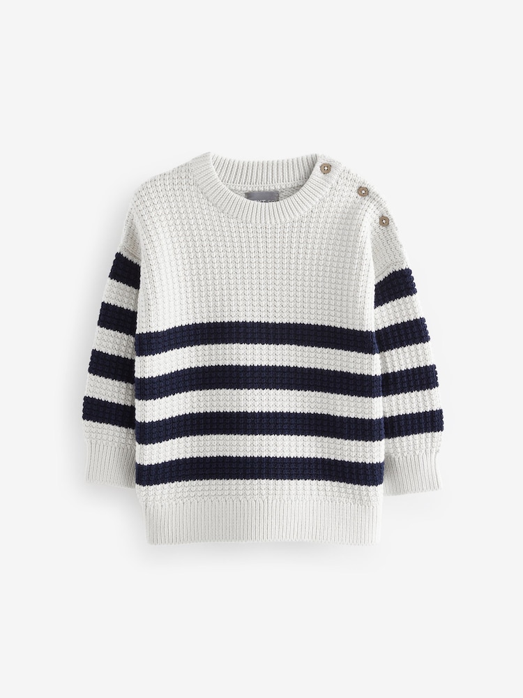 Navy/White Textured Stripe Crew Neck 100% Cotton Jumper - Image 1 of 3