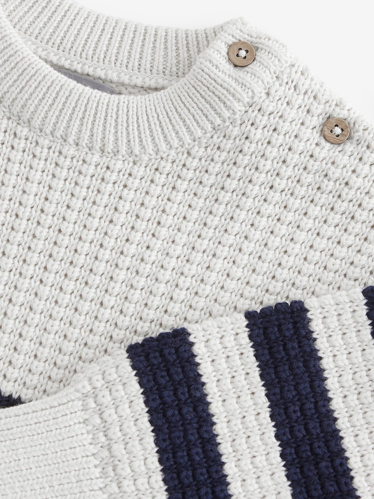 Navy/White Textured Stripe Crew Neck 100% Cotton Jumper - Image 3 of 3