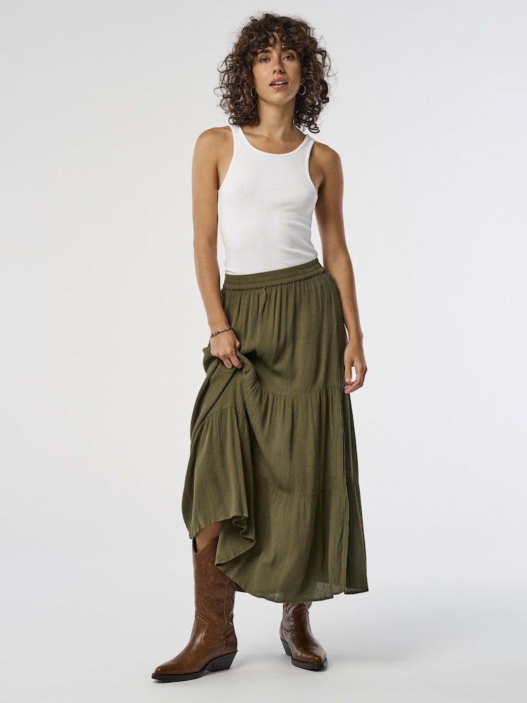 ONLY Green Cheesecloth Tiered Midi Holiday Skirt - Image 1 of 7 ONLY Green Cheesecloth Tiered Midi Holiday Skirt - Image 1 of 7