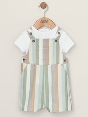 Mamas & Papas Pastel Stripe Woven White 100% Cotton Dungaree Set 2 Piece - Image 1 of 4