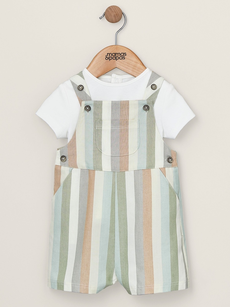 Mamas & Papas Pastel Stripe Woven White 100% Cotton Dungaree Set 2 Piece - Image 1 of 4 Mamas & Papas Pastel Stripe Woven White 100% Cotton Dungaree Set 2 Piece - Image 1 of 4