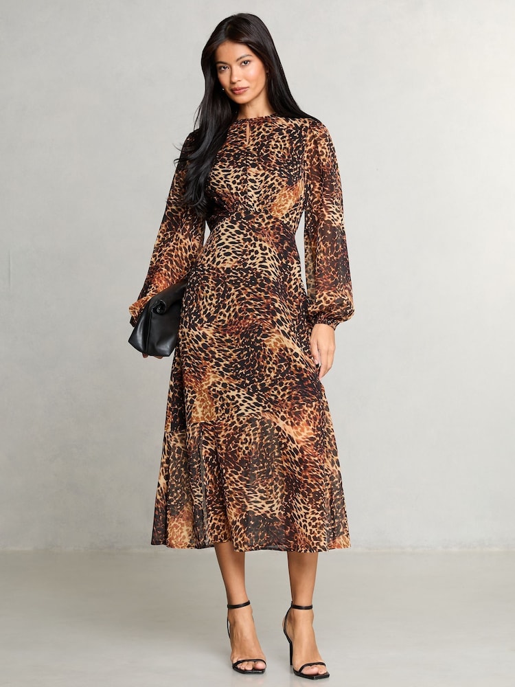 Lipsy Animal Petite Printed Woven Long Sleeve Underbust Midi Dress - Image 1 of 4