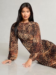 Lipsy Animal Petite Printed Woven Long Sleeve Underbust Midi Dress - Image 2 of 4