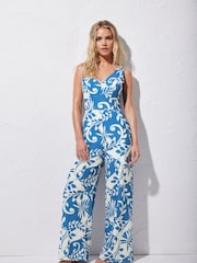 PixieGirl Petite Blue Contrast Leaf Jumpsuit - Image 1 of 6