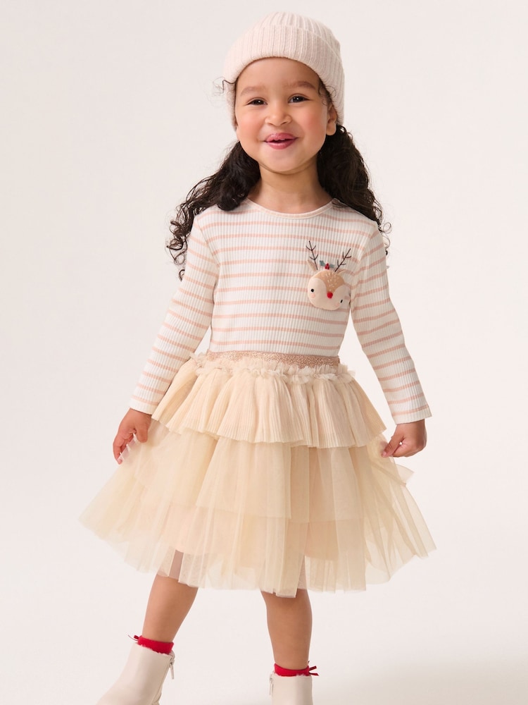 Pink Long Sleeve Sparkly Christmas 3D Reindeer Dress (3mths-7yrs) - Image 1 of 10