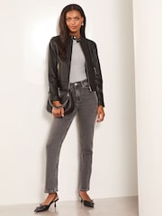 Lipsy Black Leather Collarless Biker Jacket - Image 3 of 4