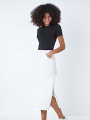 Dusk White Cotton Denim Side Split Midi Skirt - Image 1 of 5