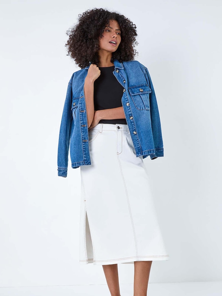 Dusk White Cotton Denim Side Split Midi Skirt - Image 2 of 5