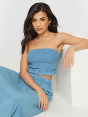 PixieGirl Petite Blue Chambray Shirred Bandeau Top - Image 1 of 5