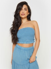 PixieGirl Petite Blue Chambray Shirred Bandeau Top - Image 4 of 5