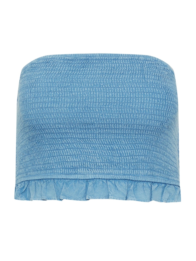 PixieGirl Petite Blue Chambray Shirred Bandeau Top - Image 5 of 5