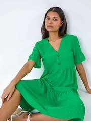 Roman Green Textured Spot Frill Tiered Midi Dress - Image 1 of 5