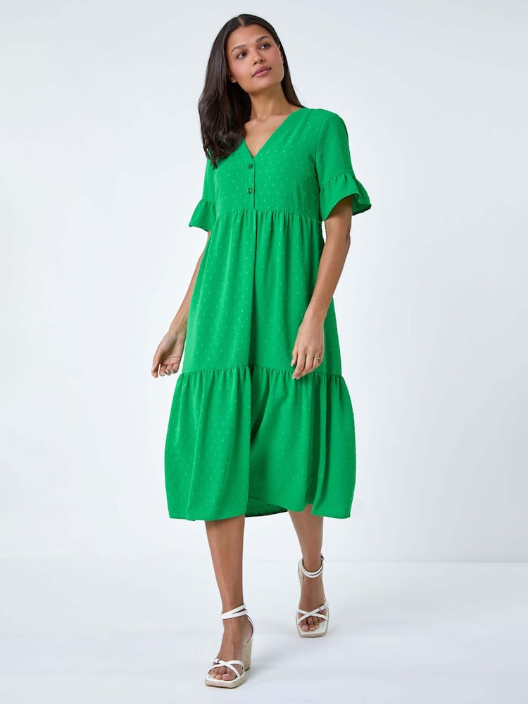 Roman Green Textured Spot Frill Tiered Midi Dress - Image 2 of 5