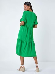 Roman Green Textured Spot Frill Tiered Midi Dress - Image 3 of 5