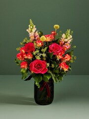 Red/Orange Rose and Antirrhinum Fresh Flower Bouquet With Vase - Image 1 of 3