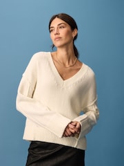White Ecru Seam Detail V-Neck Knitted Jumper - Image 1 of 6