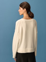 White Ecru Seam Detail V-Neck Knitted Jumper - Image 3 of 6