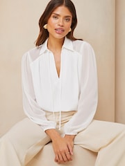Lipsy Ivory White Chiffon Mix Tie Neck Blouse - Image 1 of 4