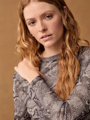 Snake Print Long Sleeve Floral Mesh Top - Image 1 of 8
