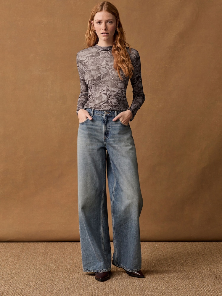 Snake Print Long Sleeve Floral Mesh Top - Image 2 of 8