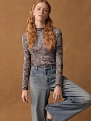 Snake Print Long Sleeve Floral Mesh Top - Image 3 of 8