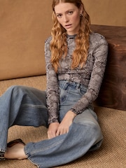 Snake Print Long Sleeve Floral Mesh Top - Image 5 of 8