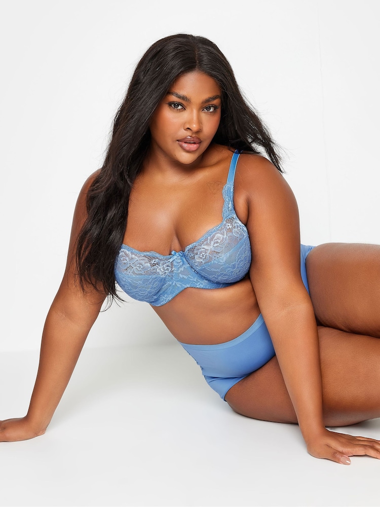 Yours Curve Blue Stretch Lace Non Padded Underwired Bra - Image 1 of 4 Yours Curve Blue Stretch Lace Non Padded Underwired Bra - Image 1 of 4