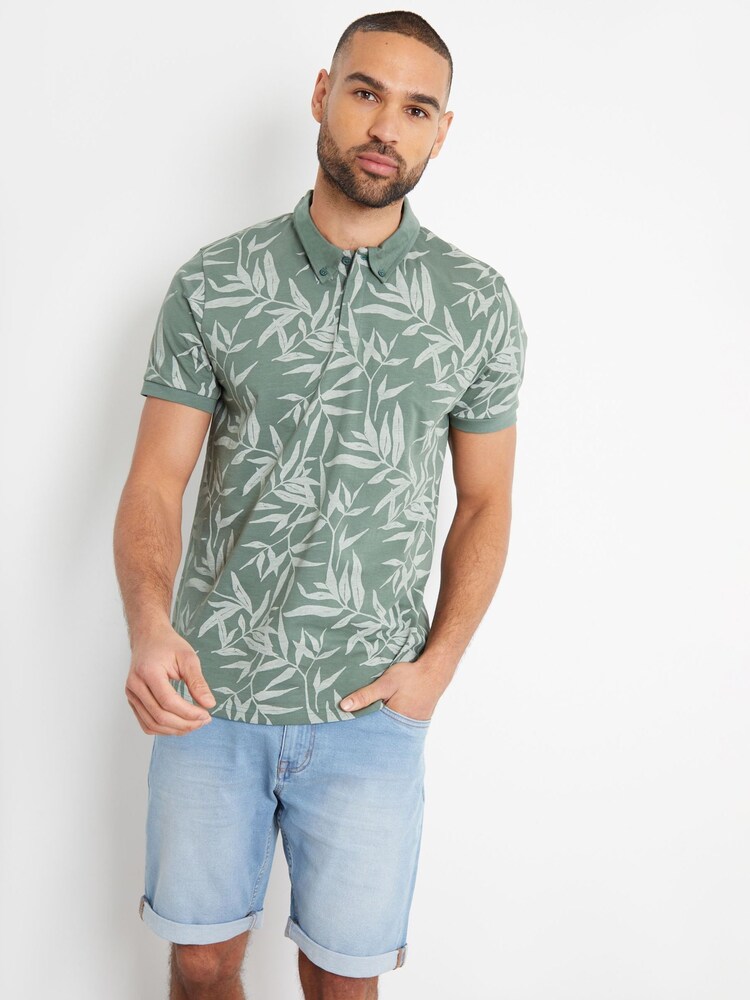 Threadbare Green Leaf Print Cotton Polo Shirt - Image 1 of 1