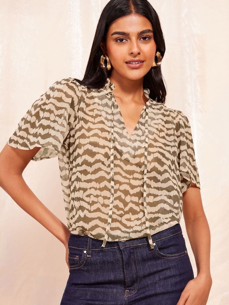 Friends Like These Brown Short Sleeve Tie Neck Blouse - Image 1 of 4