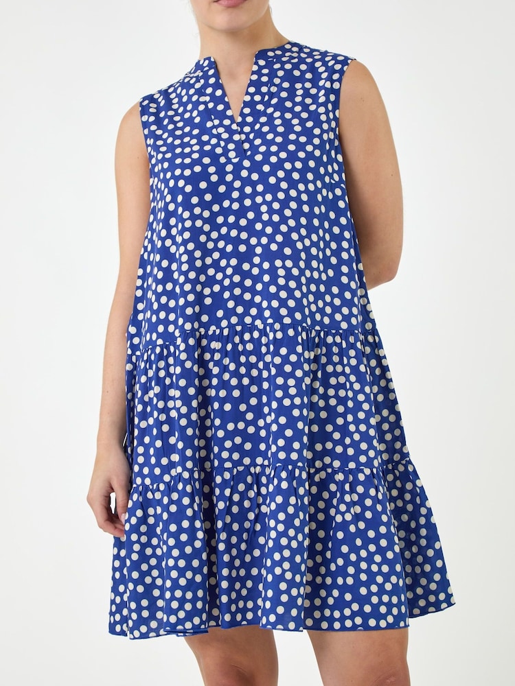 Roman Blue Spot Print Tiered Dress - Image 2 of 4 Roman Blue Spot Print Tiered Dress - Image 2 of 4
