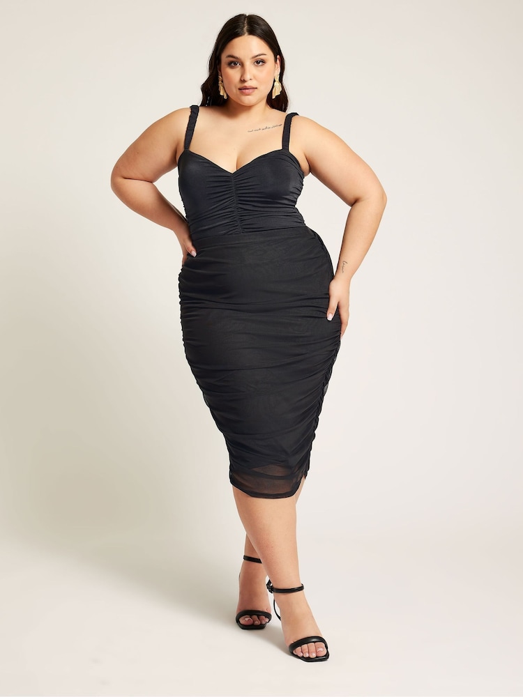 Yours Curve Black Mesh Gathered Midi Skirt - Image 1 of 4 Yours Curve Black Mesh Gathered Midi Skirt - Image 1 of 4