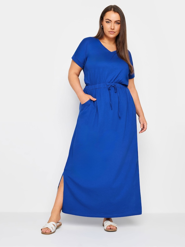 Yours Curve Blue 100% Cotton Side Split Drawcord Maxi Dress - Image 1 of 5