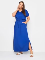 Yours Curve Blue 100% Cotton Side Split Drawcord Maxi Dress - Image 2 of 5