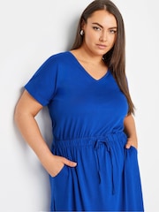 Yours Curve Blue 100% Cotton Side Split Drawcord Maxi Dress - Image 4 of 5