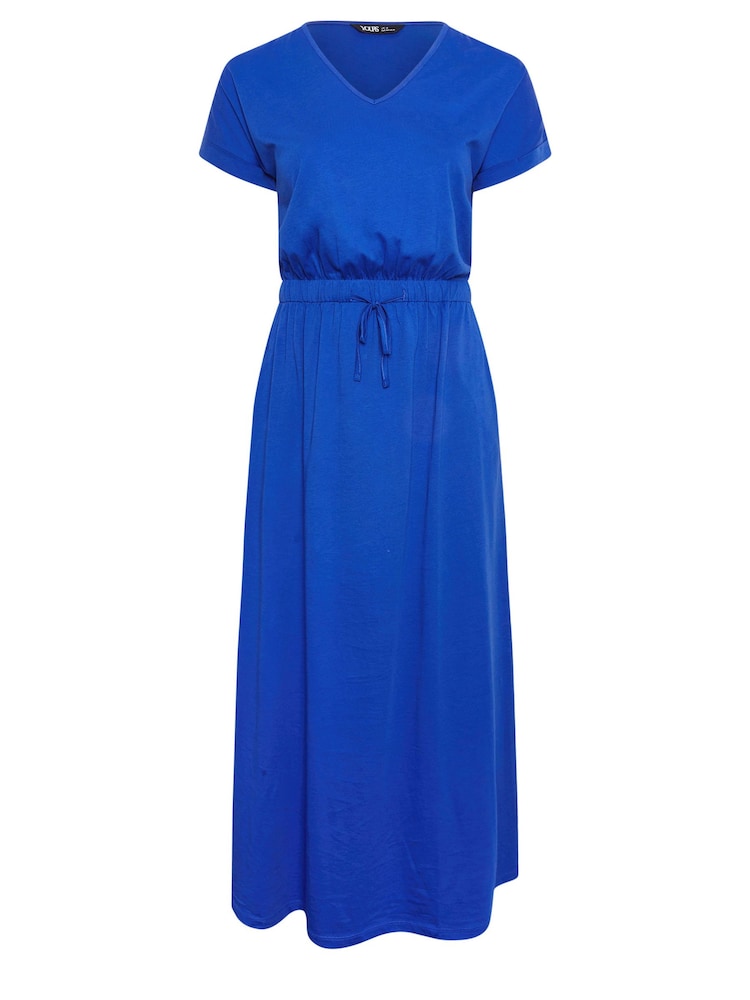 Yours Curve Blue 100% Cotton Side Split Drawcord Maxi Dress - Image 5 of 5
