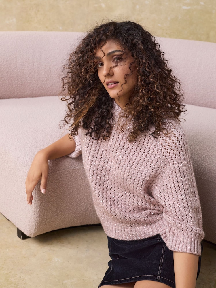 Pink Blush Sparkle Sequin Mesh Knitted Half Sleeve Jumper - Image 1 of 9