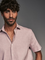 Damson Pink Regular Fit Signature Linen Blend Short Sleeve Shirt - Image 4 of 7