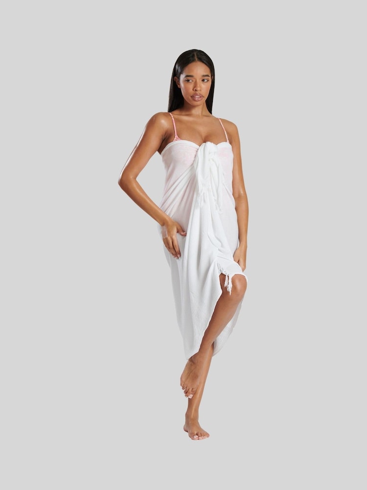 South Beach White Crinkle Viscose Fringed Sarong Cover-Up - Image 1 of 6