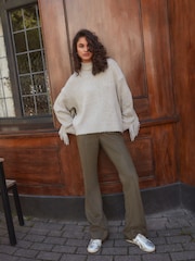 Khaki Green Faux Suede Bootcut Trousers - Image 1 of 8