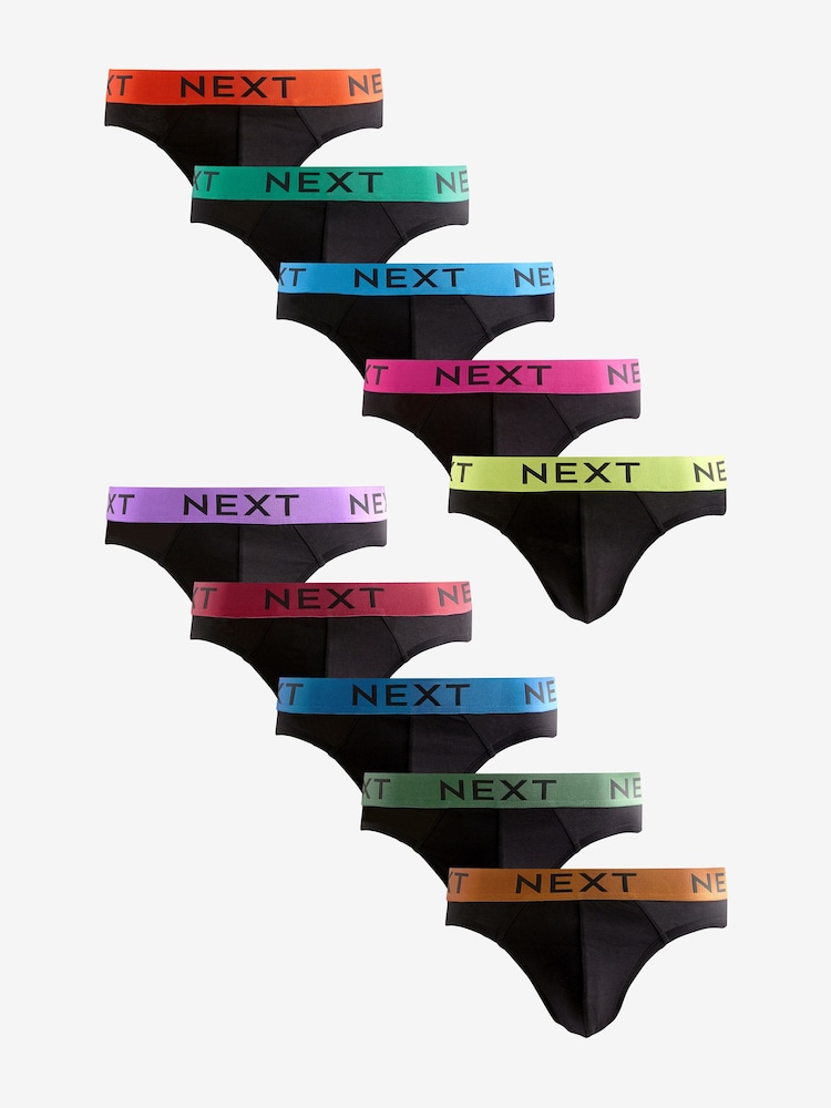 Black Metallic Green/Blue Waistband 10 pack Cotton Rich Briefs - Image 1 of 14