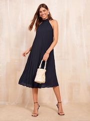 Friends Like These Navy Blue Halter Neck Pleated Midi Dress - Image 3 of 4